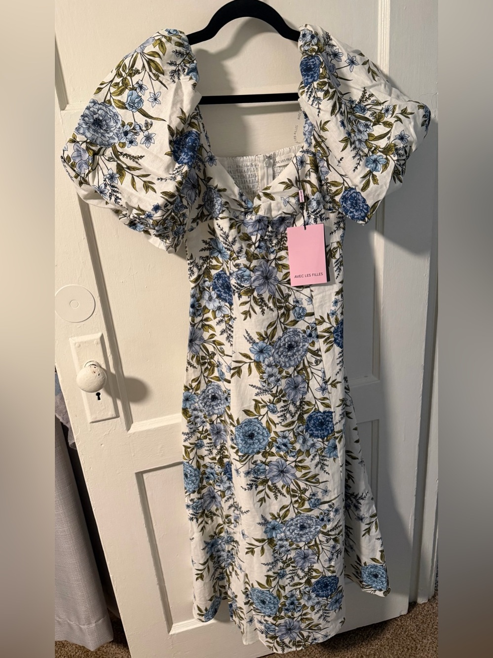 Avec Les Filles Midi Dress Blue Floral Linen Blend Sz 6 Cottagecore Garden Party